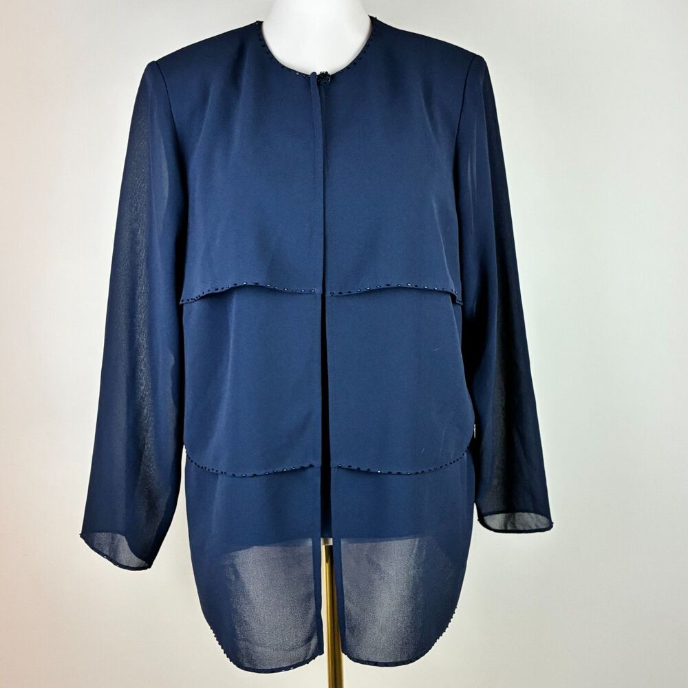 Montee Collection Navy Blue Layered Chiffon Beaded Formal Evening Jacket 14W